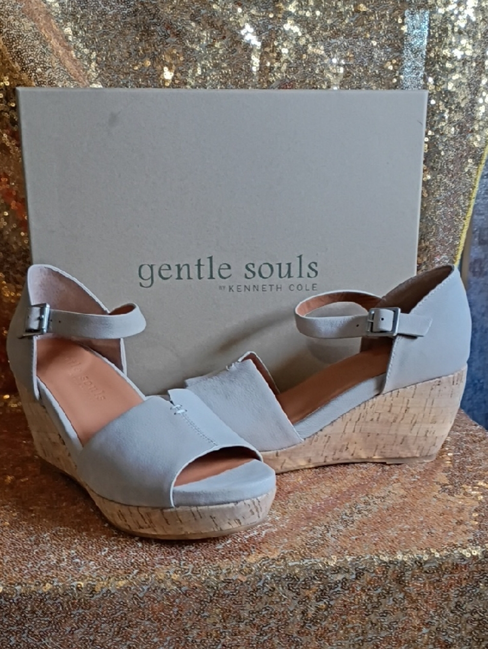 gentle souls Light Gray Cork Wedge Sandals with Ankle Strap